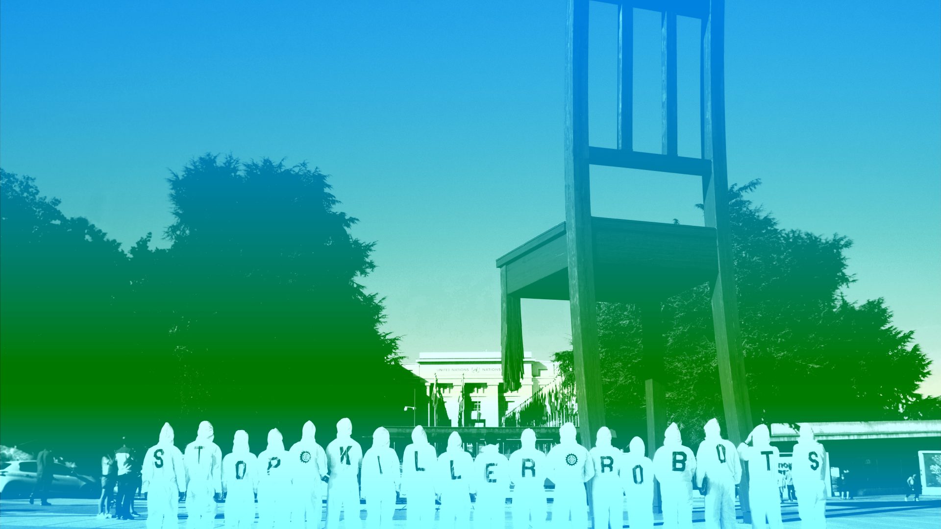 A blue and green colour filter overlayed on people in boiler suits with the letters STOP KILLER ROBOTS stand in front of the
